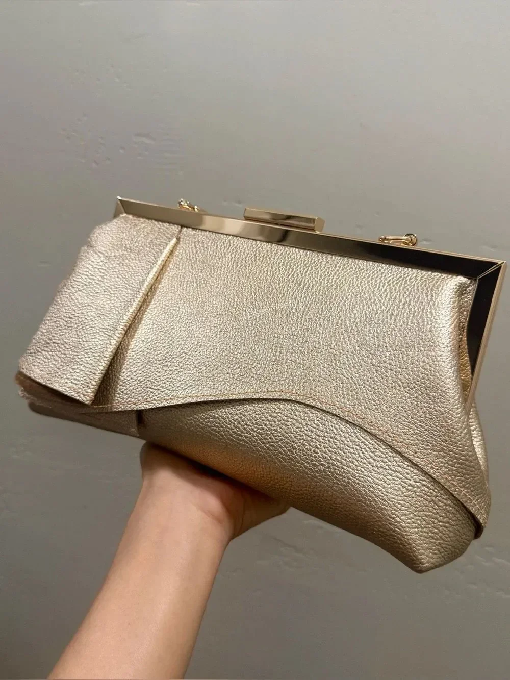 Gold Pebble Leather Handmade Asymmetrical Ruffles Push Lock Frame Bag